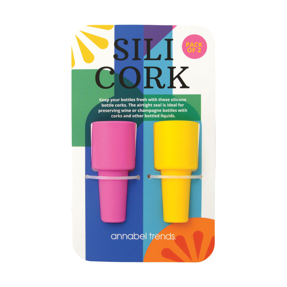 Pack of two silicone bottle corks, one pink and one yellow, on a colorful packaging background.