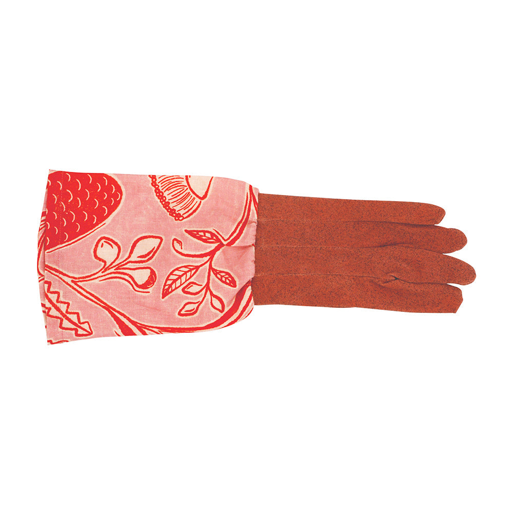 Glove with red floral pattern on a white background