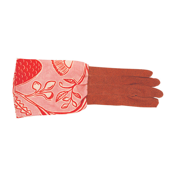 Glove with red floral pattern on a white background