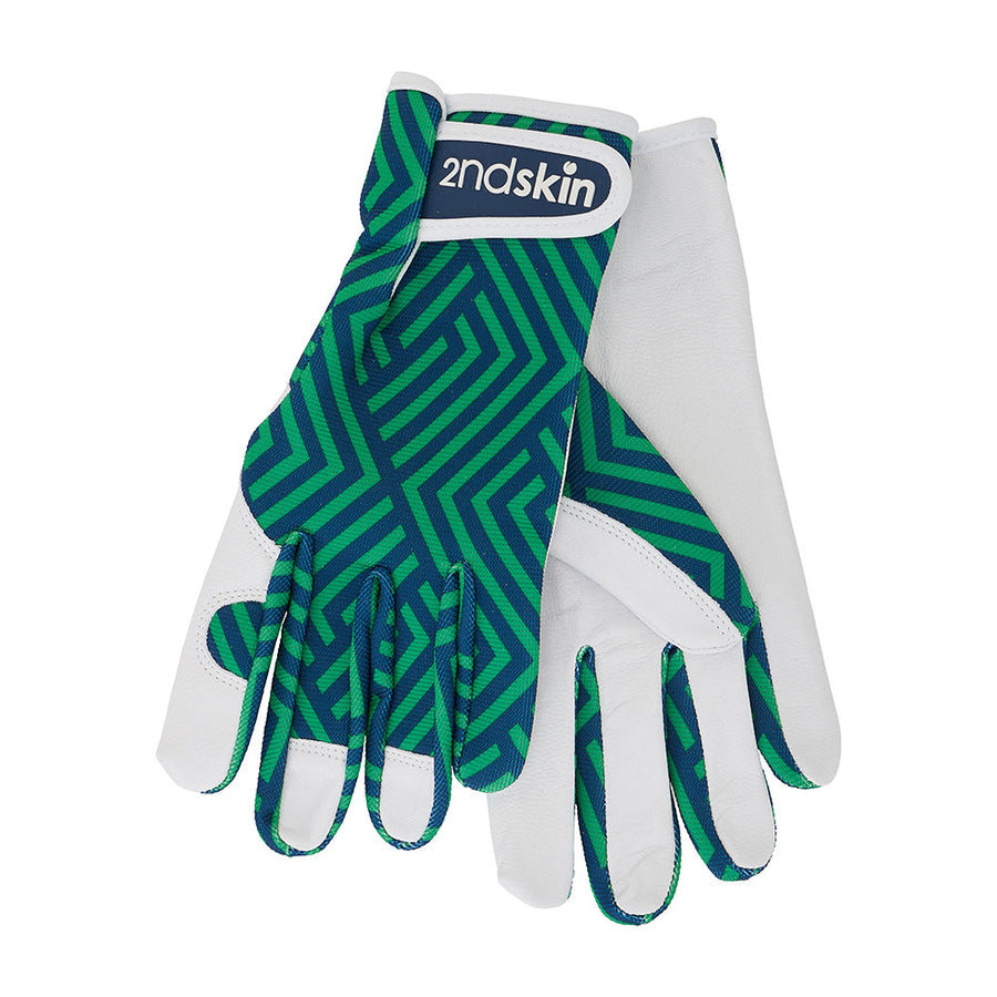 A pair of white leather gloves with a geometric pattern in green and blue, designed for gardening.