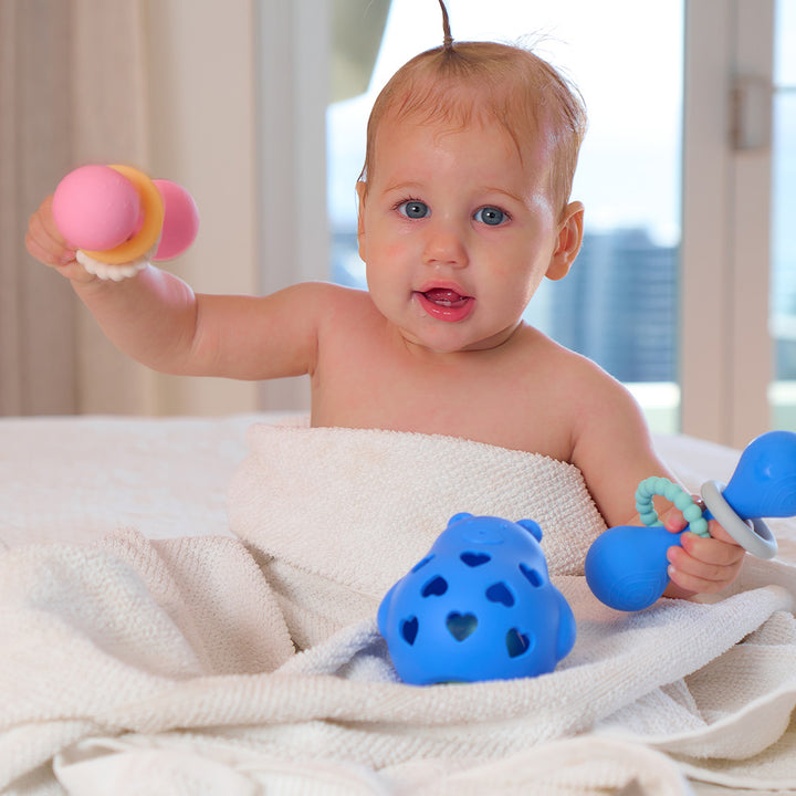 Annabel Trends - Silicone Roly Rattle - Bear - cat - Blue - yellow - Bath toys - dumbbell rattle