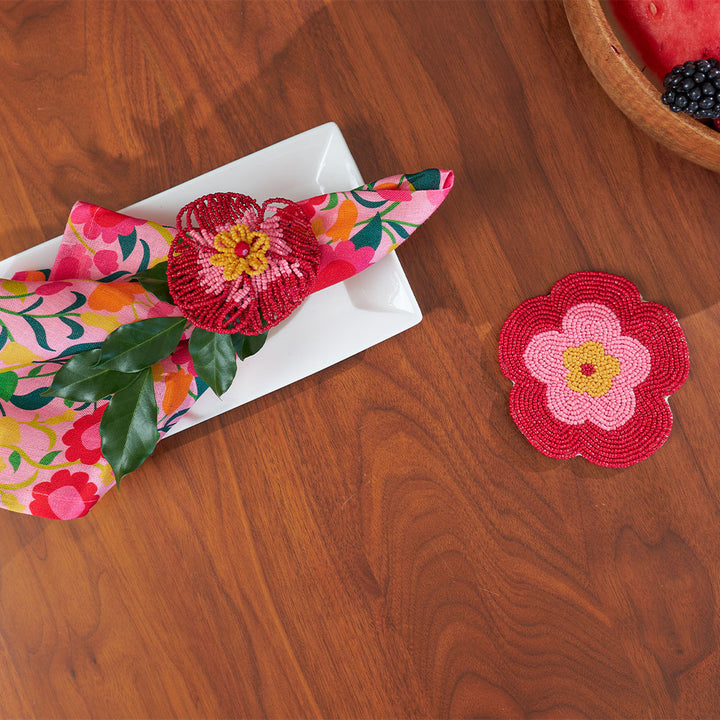 Beaded napkin ring and coaster in red