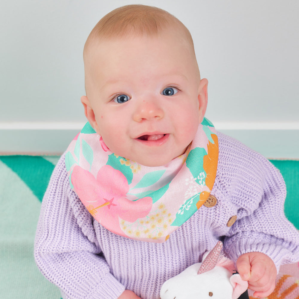 Baby's Bandana Bib. Linen. Hibiscus Print