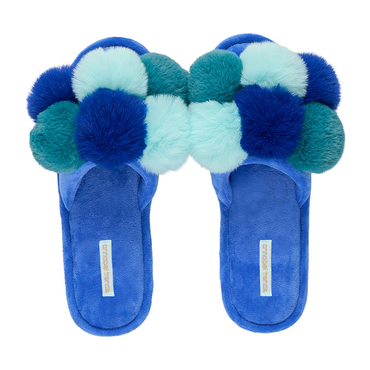 Annabel Trends pom pom slippers in Multi Blue