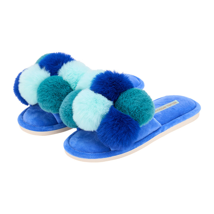 Annabel Trends pom pom slippers in Multi Blue