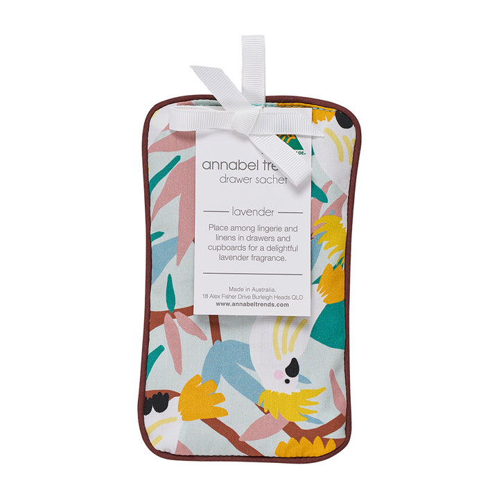 Annabel Trends Cotton Drawer Sachet in White Cockatoo print, filled with lavender
