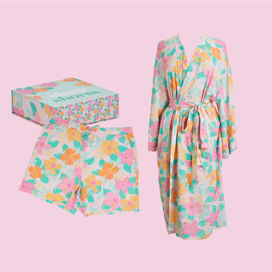 hibiscus sleep shorts and kimono