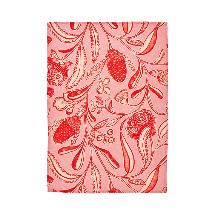 Annabel Trends Linen Tea Towel in Trailing Natives Red
