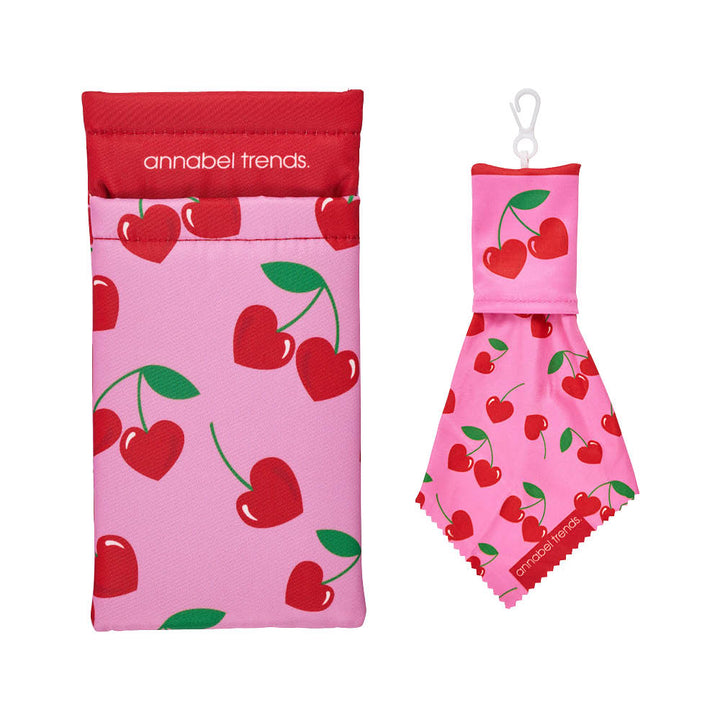Pink pouch with cherry pattern and red top, featuring 'annabel Trends' branding.