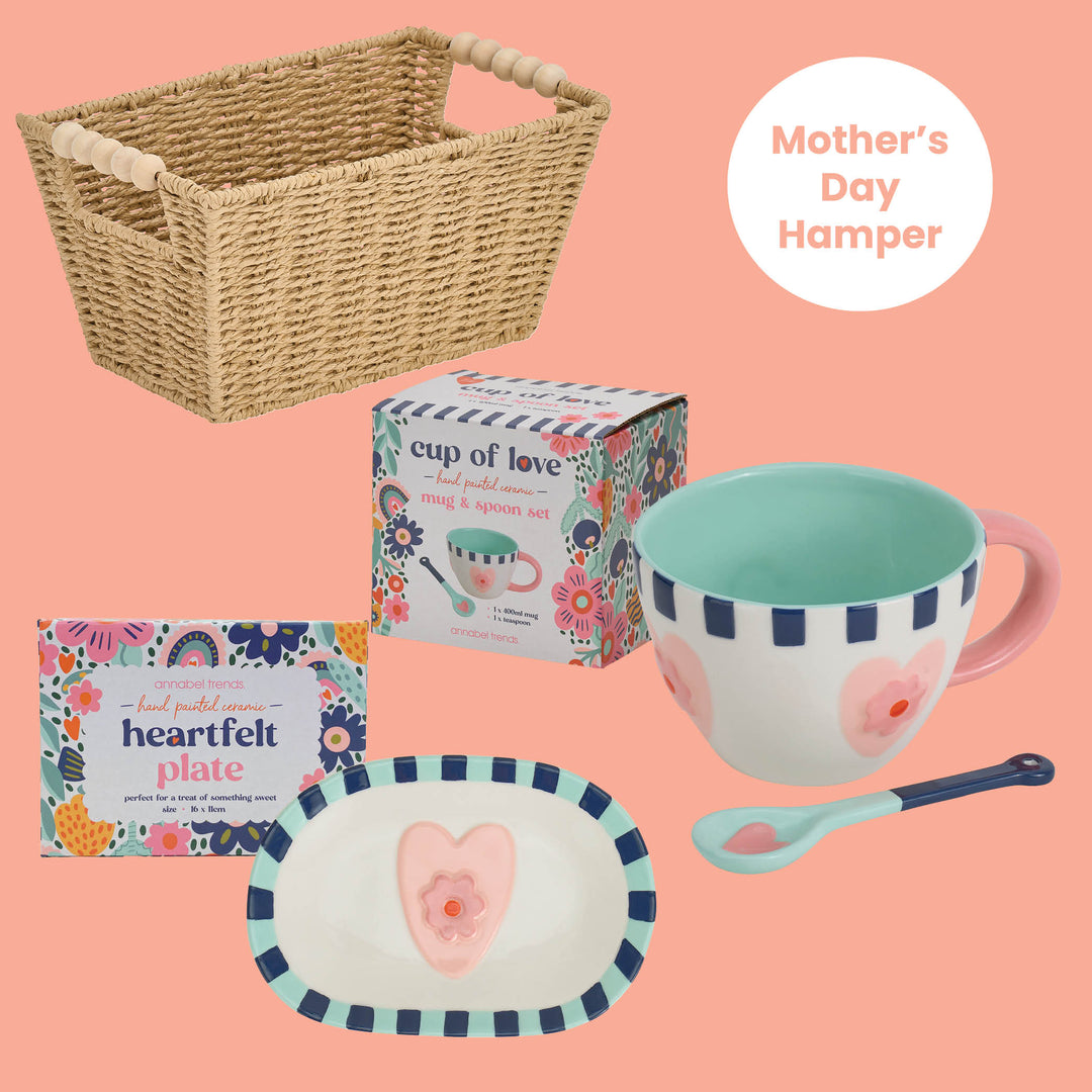 annabel trends mothers day hamper with ceramic heartfelt plate and cup of love mug and spoon set