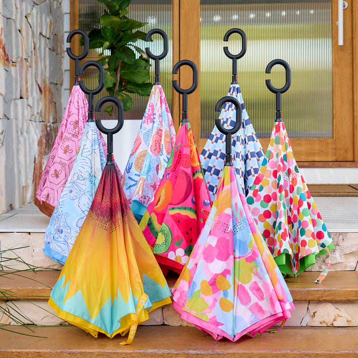reverse-umbrella-tropicana-pink-bee-hello-cockie-good-vibes-confetti-check-shelly-beach