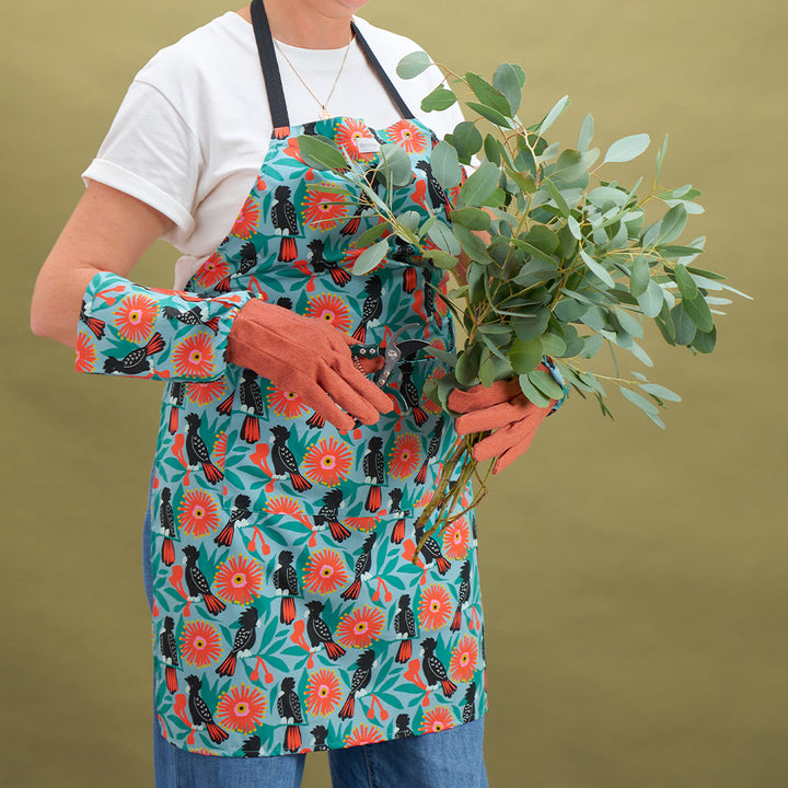 Annabel trends black cockatoos apron, long sleeve garden gloves and sprout pruners