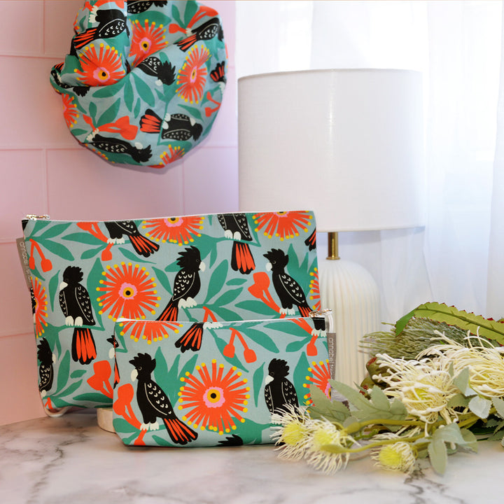 Annabel Trends Black cockatoo cosmetics bags and shower cap