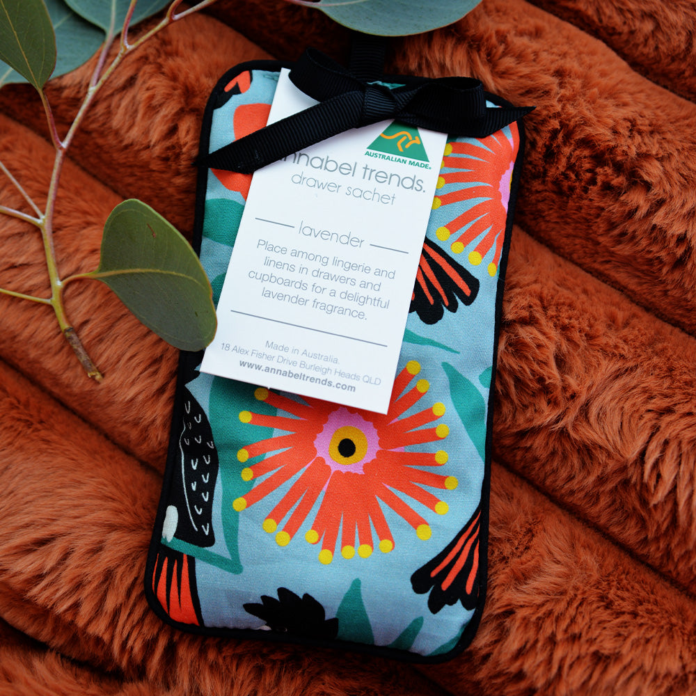 Annabel Trends Black cockatoo Drawer Sachet and toffee ribbed throw