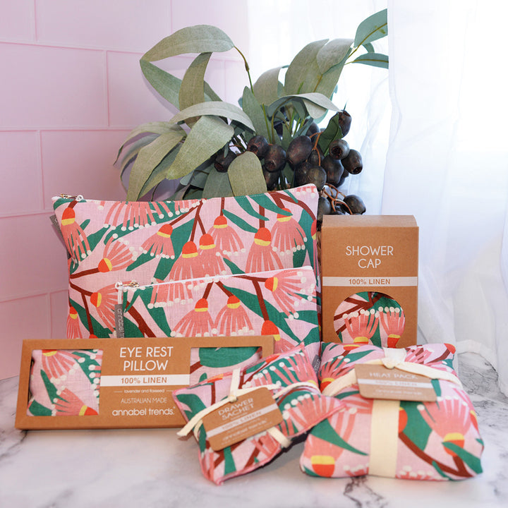 Annabel Trends Blossom Branches Linen Bathroom range - Cosmetic bags, eye rest pillow, drawer sachet, heat pillow and shower cap