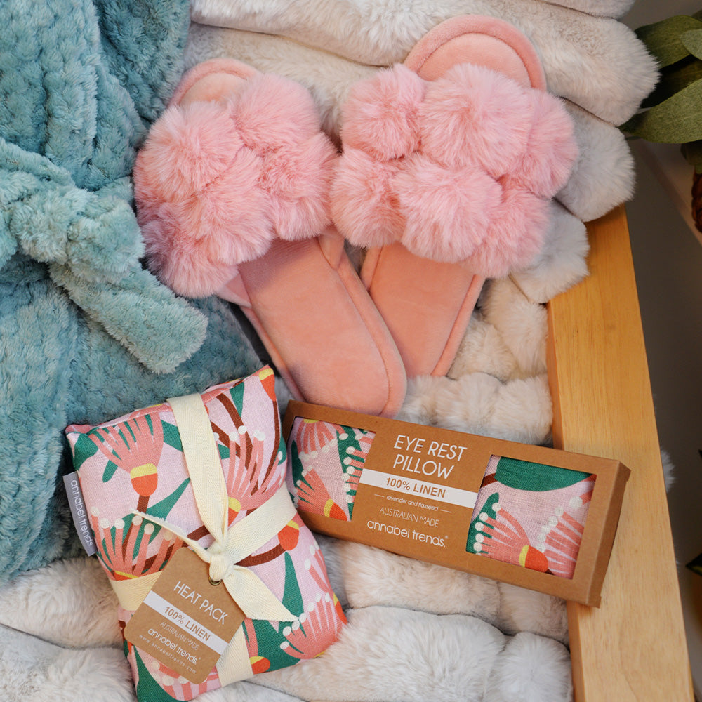 Annabel Trends Blossom Branches Linenheat pillow and eye rest pillow and cosy luxe robe and pom pom slippers