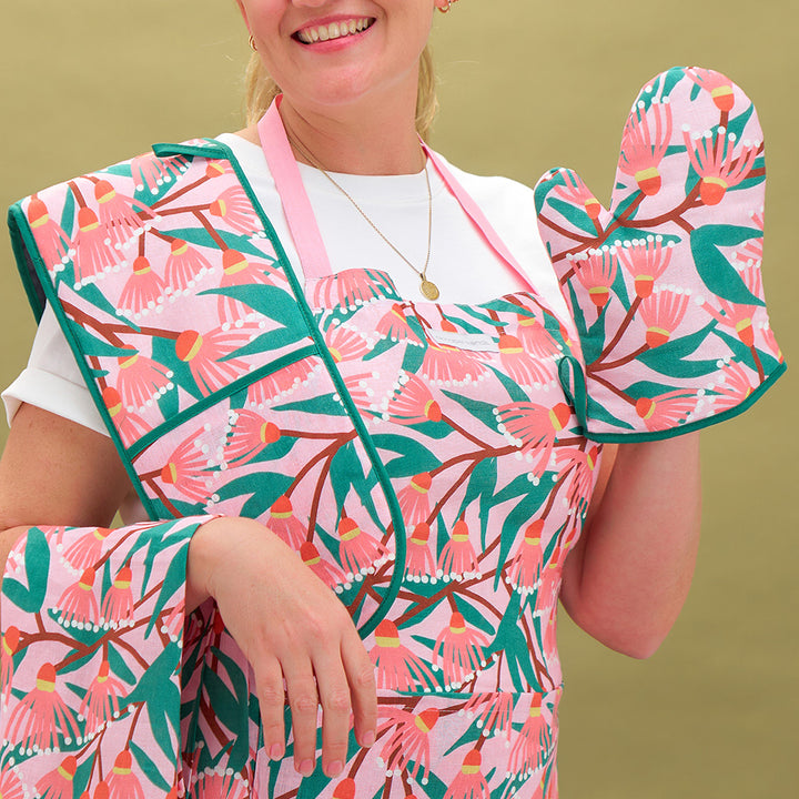 annabel trends blossom branches linen oven mitt , tea towel, double oven mitt and apron
