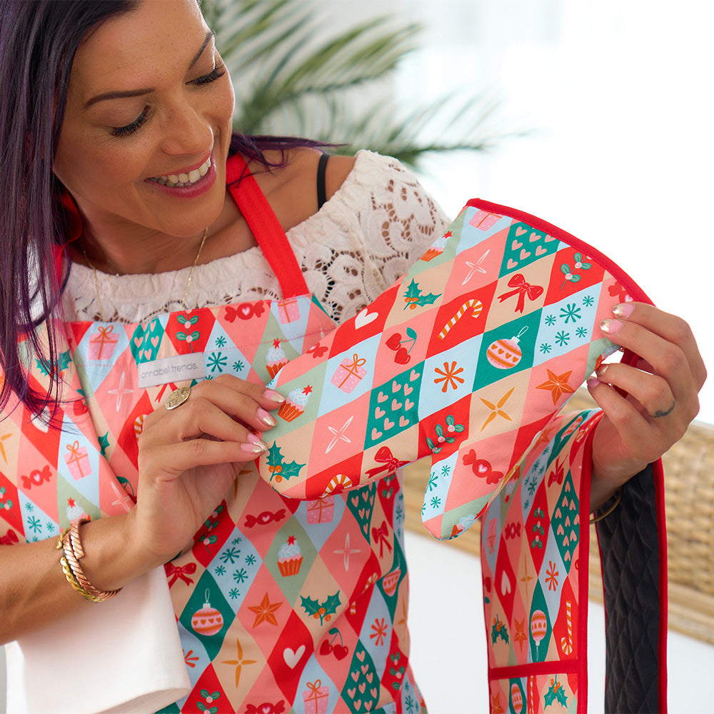 Annabel Trends Christmas Harlequin cotton apron and double oven mitt and single oven mitt