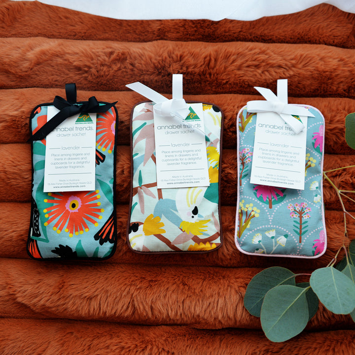 Annabel Trends Cotton drawer sachets in black cockatoo, white cockatoo and Wildflower designs
