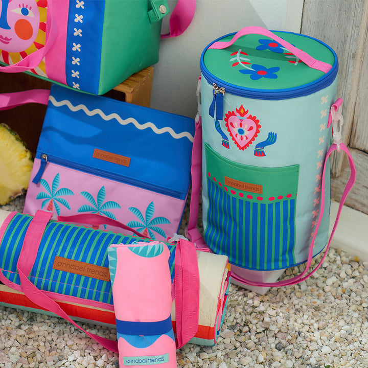 Annabel Trends fiesta picnic cooler barrel bag, beach pouch, picnic mat and sand free towel