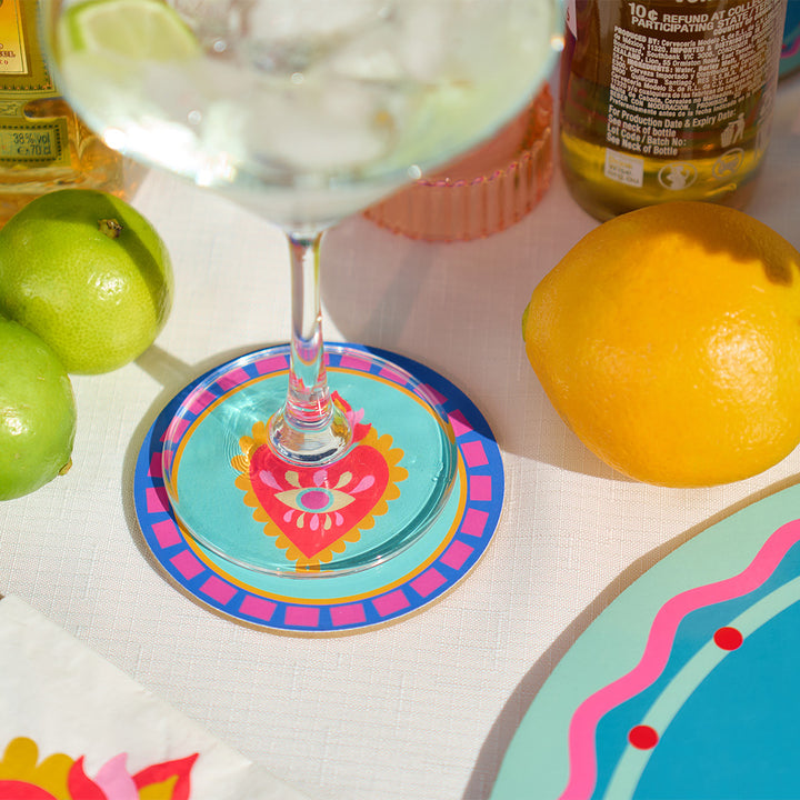 Annabel Trends fiesta table setting with  coasters