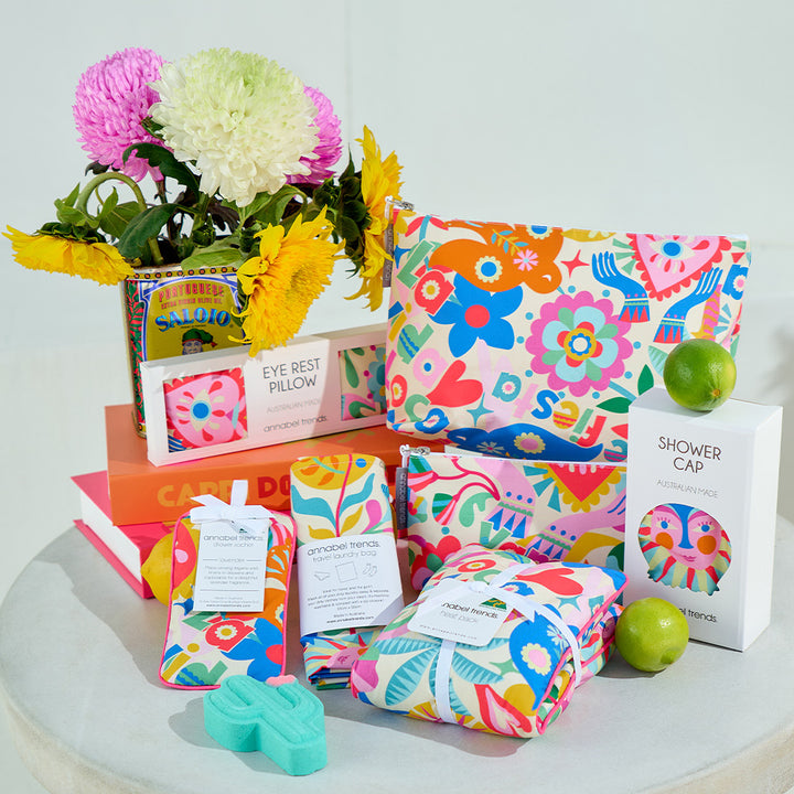 Annabel Trends Cotton Fiesta laundry bag, drawer sachet, cos bags, eye rest pillow, shower cap heat pillow