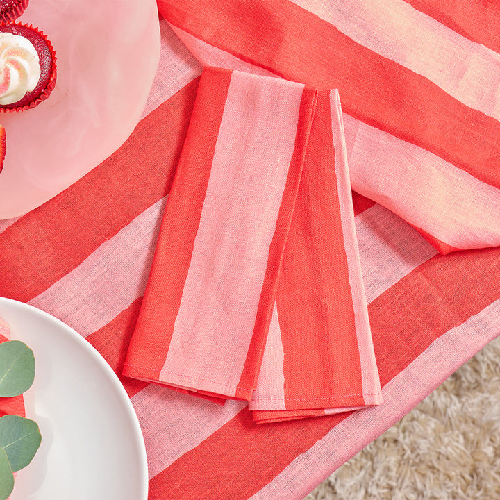 Annabel trends red stripe linen tablecloth and napkins