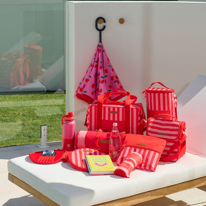 Annabel trends red stripe picnic cutlery set, picnic mat, cooler bags, reverse umbrella, picnic lunch bag