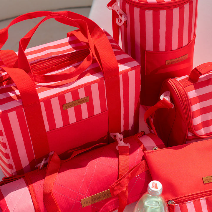 Annabel trends red stripe picnic cutlery set and beach towel, picnic mat, barrel bag, lunch bag