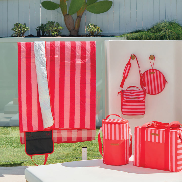 Annabel trends red stripe picnic cutlery set, picnic mat, cooler bags