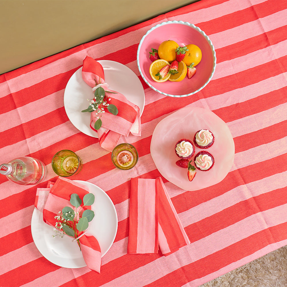 Annabel trends red stripe linen tablecloth and napkins