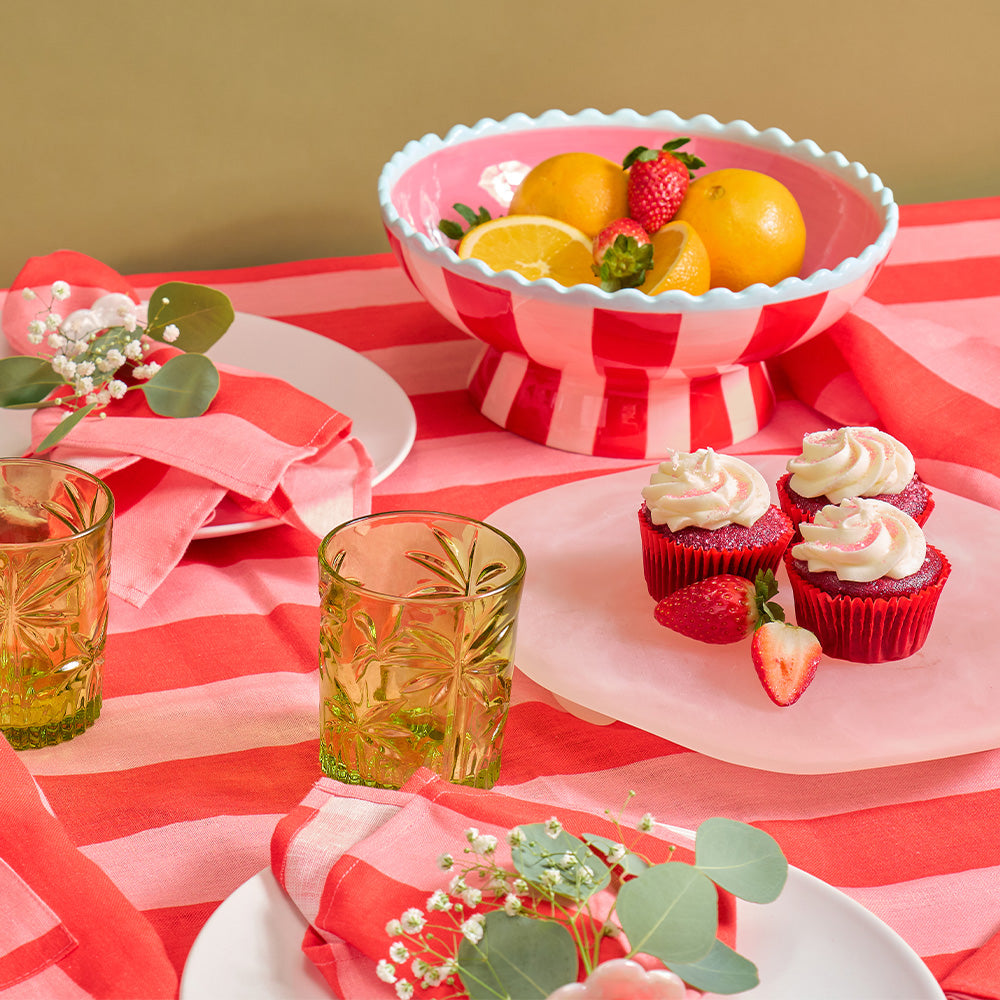 Annabel trends red stripe linen tablecloth and napkins and red stripe ceramic bowl