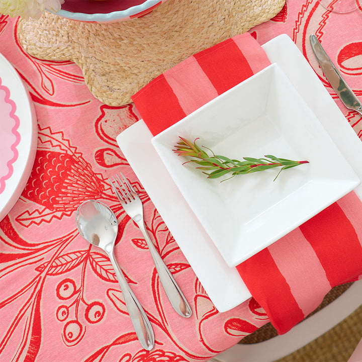 Annabel Trends Trailing Natives Linen Tablecloth, napkins and red stripe napkins