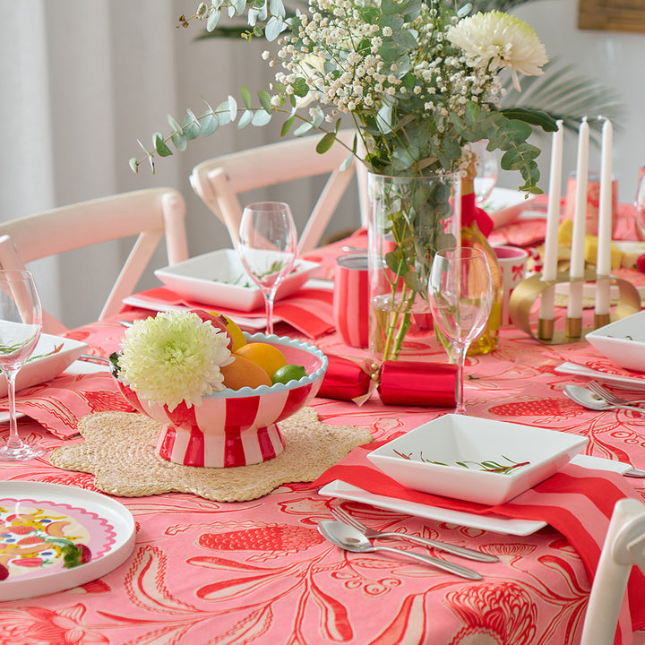 Annabel Trends Trailing Natives Linen Tablecloth, napkins and red stripe napkins