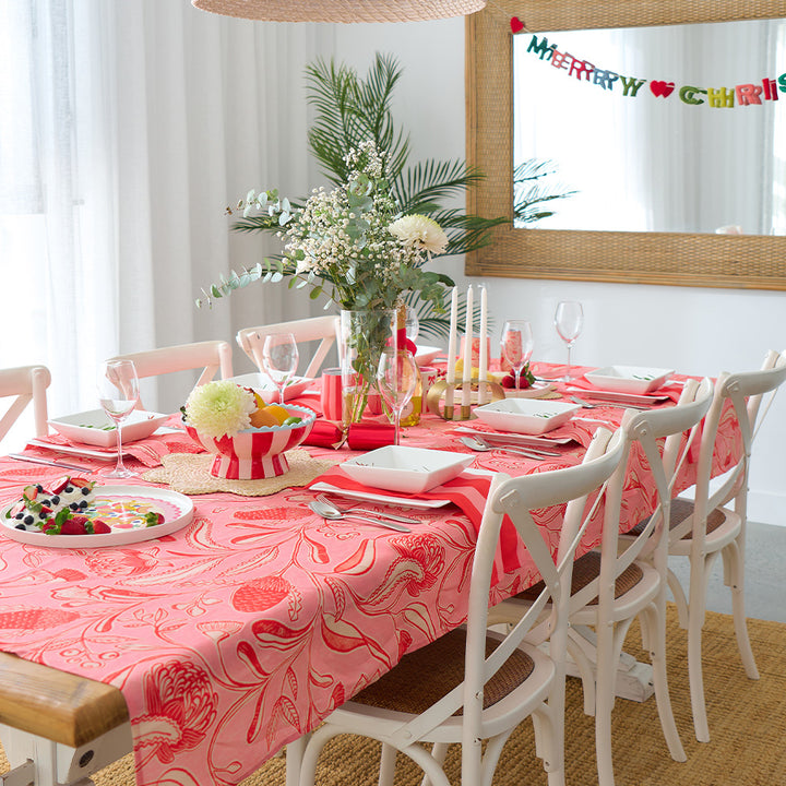 Annabel Trends Trailing Natives Linen Tablecloth, napkins and red stripe napkins