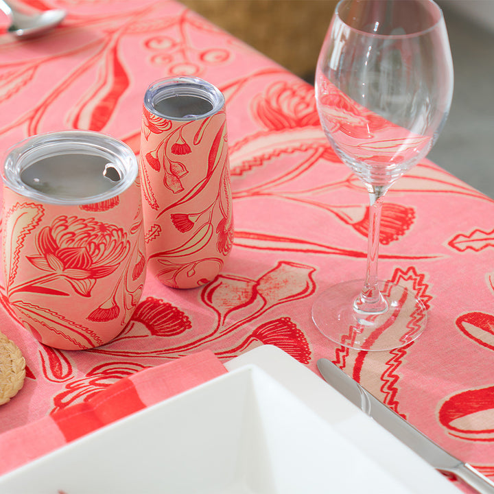 Annabel Trends Trailing Natives Linen Tablecloth, napkins and red stripe napkins