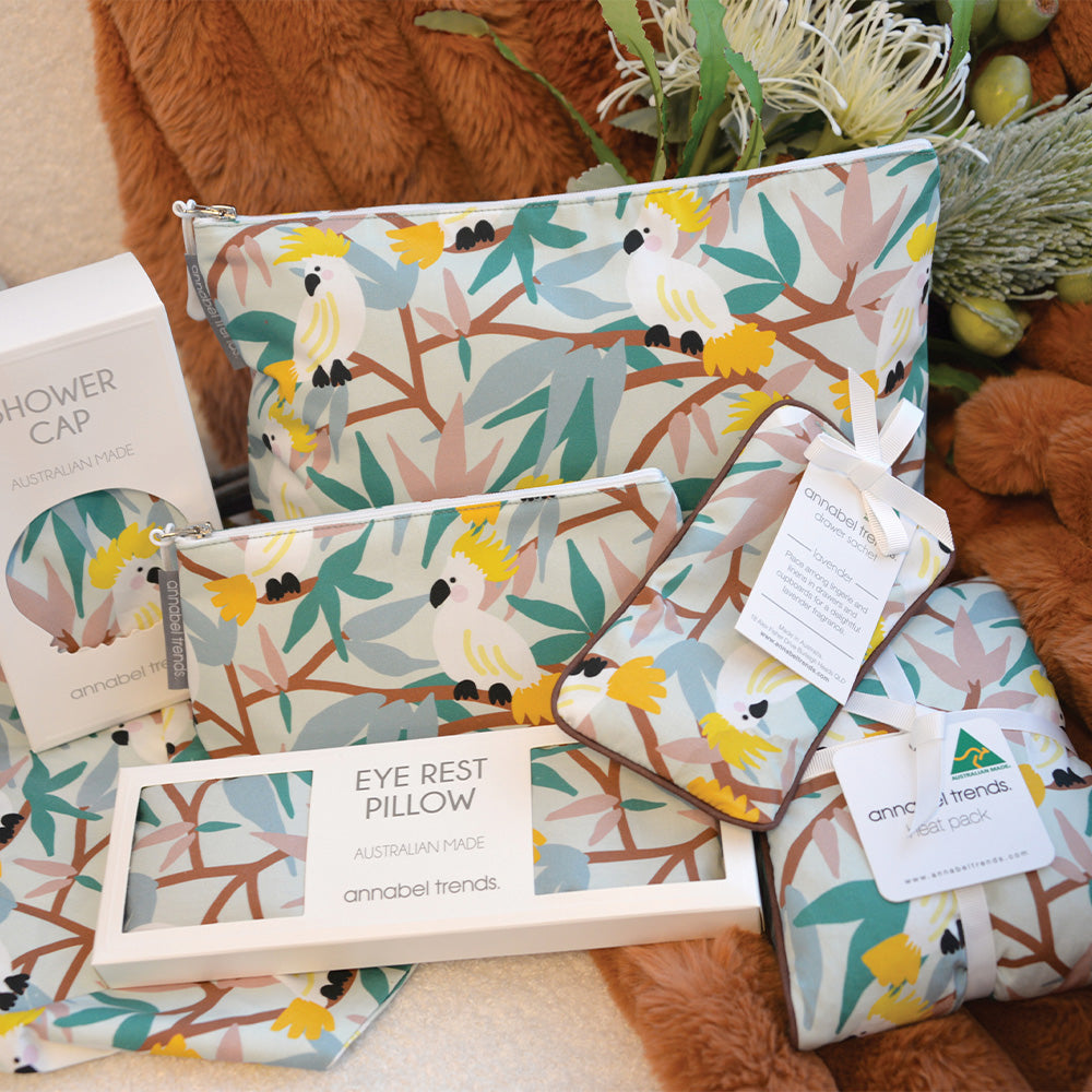 Annabel Trends White Cockatoo Cotton Bathroom range, cosmetic bags, eye rest pillow, drawer sachet and heat pillow