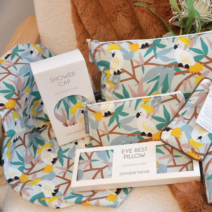Annabel Trends White Cockatoo Cotton Bathroom range, cosmetic bags, eye rest pillow, drawer sachet and heat pillow