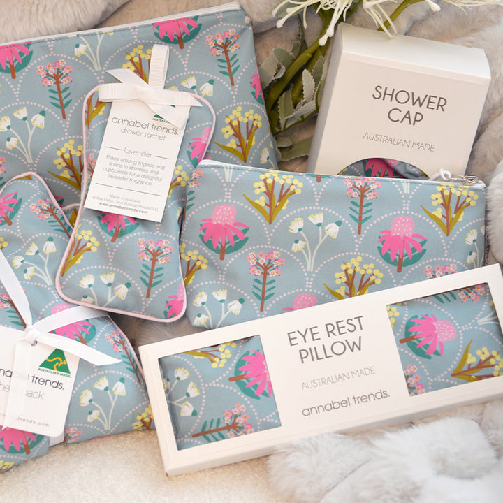 Annabel Trends Wildflower Cotton eye rest pillow, shower cap, cosmetic bags, drawer sachet
