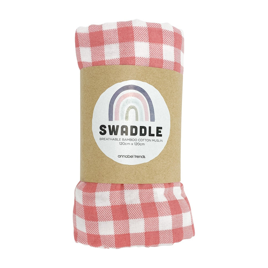 Baby muslin Swaddle - gingham rhubarb