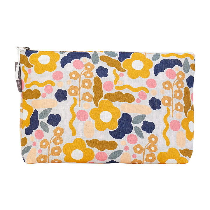 Cosmetic Bag - Linen - Large - Floral Puzzle Mustard