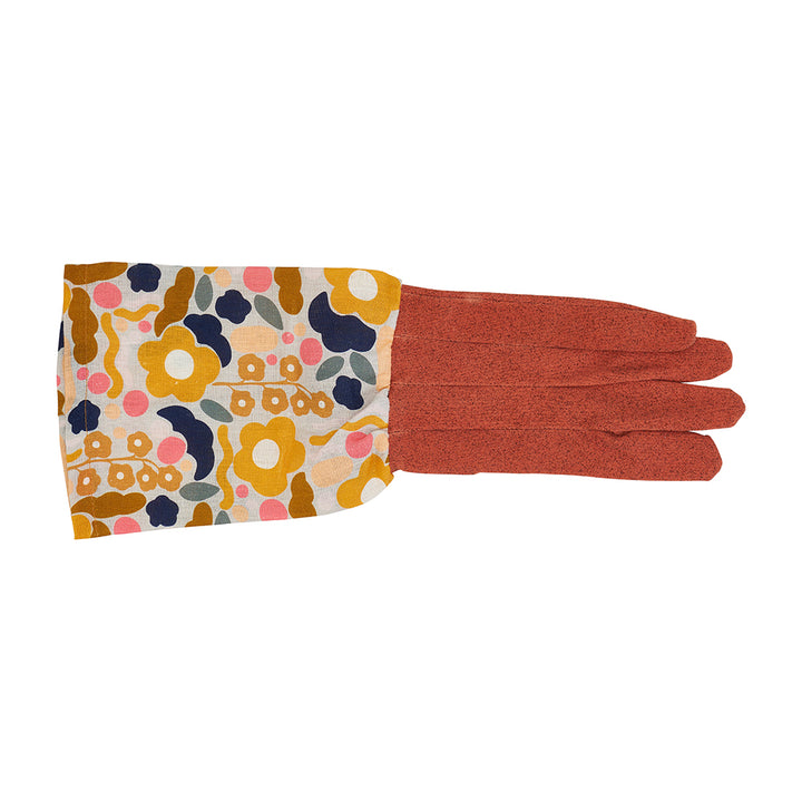 Long Sleeve Garden Gloves - Linen - Floral Puzzle Mustard