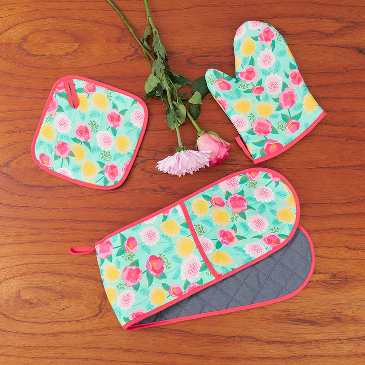 Double Oven Mitt- Linen -  Camellias Mint