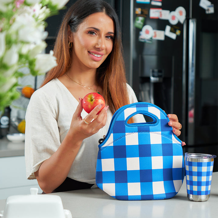 Neoprene lunch bag Cobalt check
