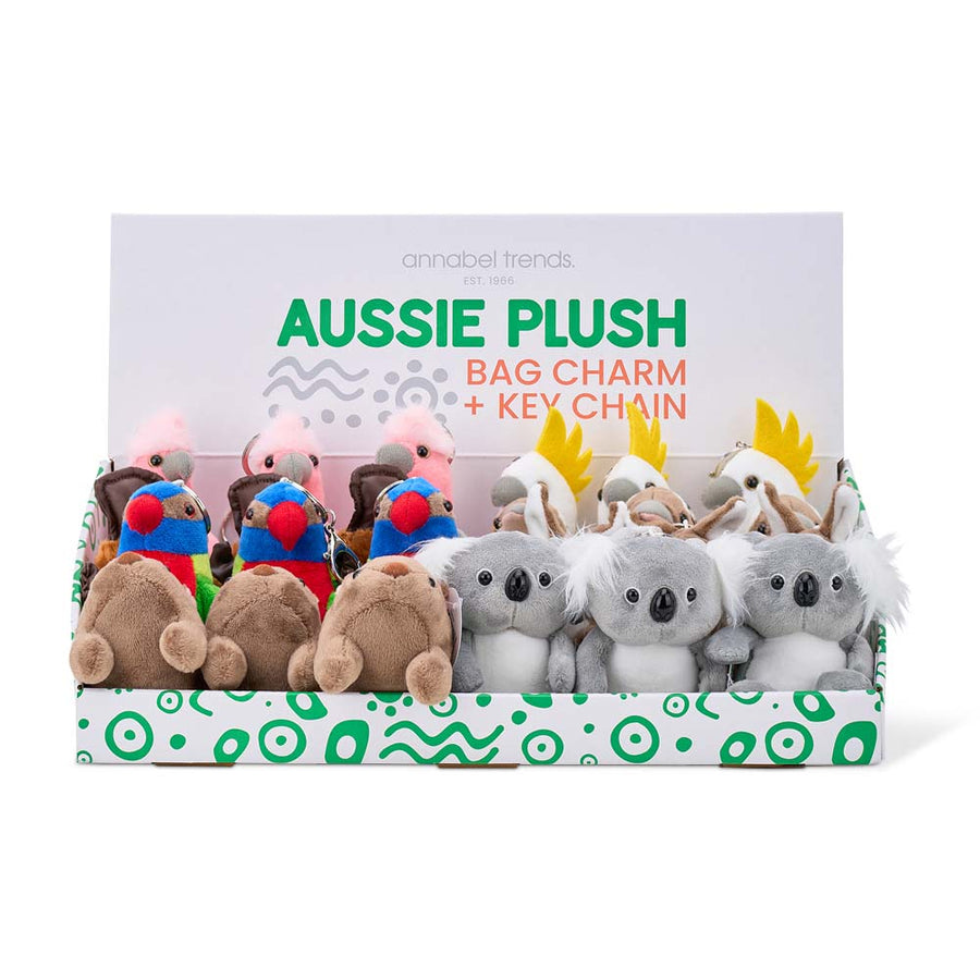 CDU Box of Aussie plush bag charm and key chain toys with various animal designs.