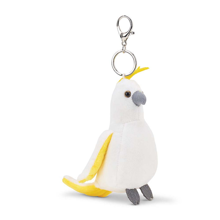 Plush cockatoo keychain with a white body, yellow tail, and gray beak on a white background