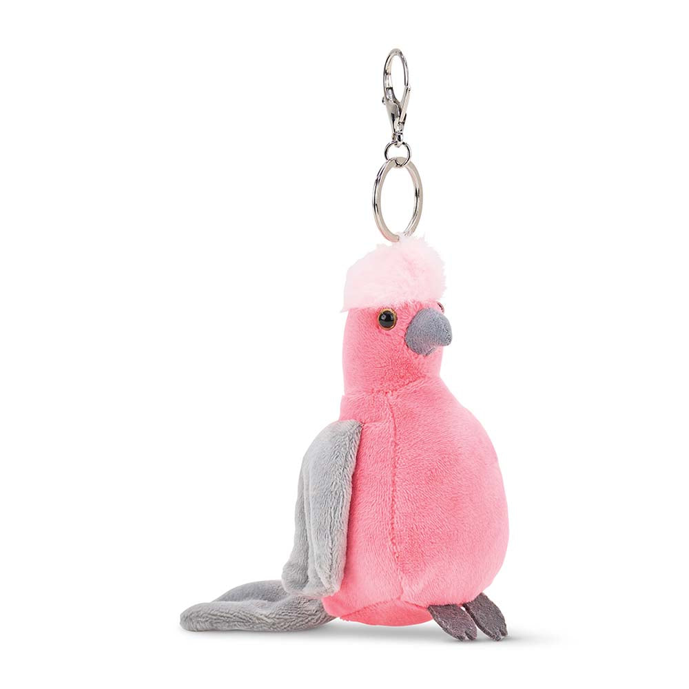 Pink and gray galah plush parrot keychain on a white background
