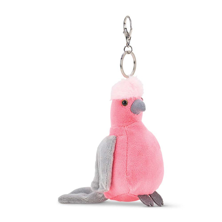 Pink and gray galah plush parrot keychain on a white background