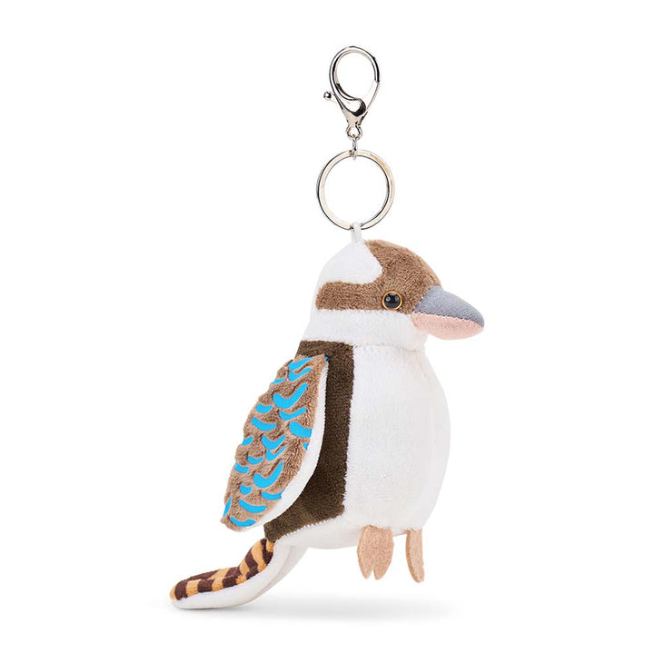 Plush bird keychain with a white, brown, and blue design on a white background