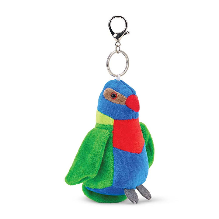 Colorful lorikeet keychain on a white background
